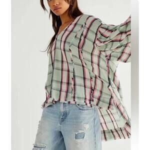 We The Free People Solstice Plaid Blouse Gauzy Oversized Medium M 100% Cotton
